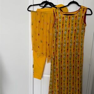 Yellow Floral Sleeveless  dress trousers with Dupatta